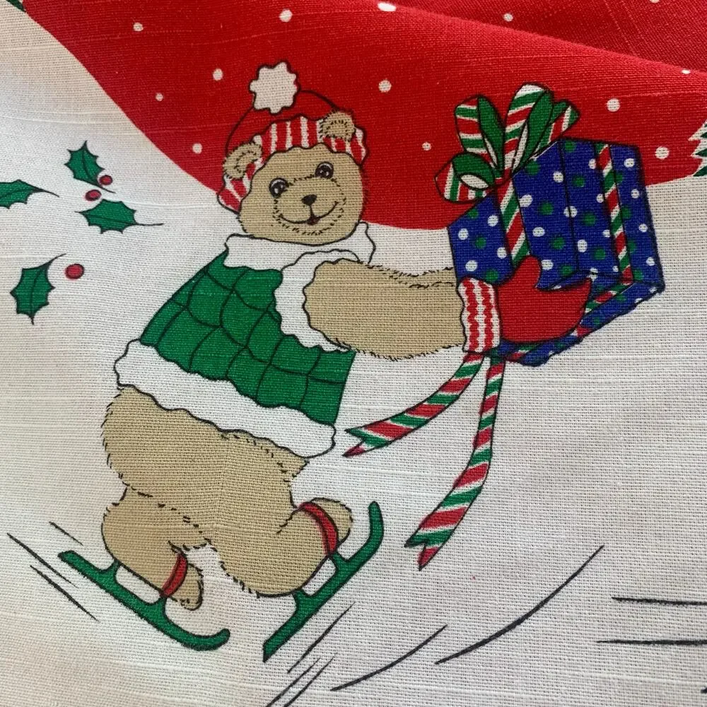 Vintage Christmas Tablecloth Round Red Holiday Teddy Bear Snow Scene 60” Decor